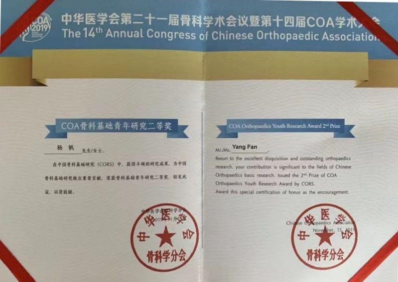 2019年中华医学会第二十一届骨科学术会议暨第十四届COA学术大会《COA骨科基础青年研究二等奖》